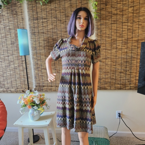 Multicolor Cowl Neck Pattern Short Sleeve Dress - Picture 1 of 14